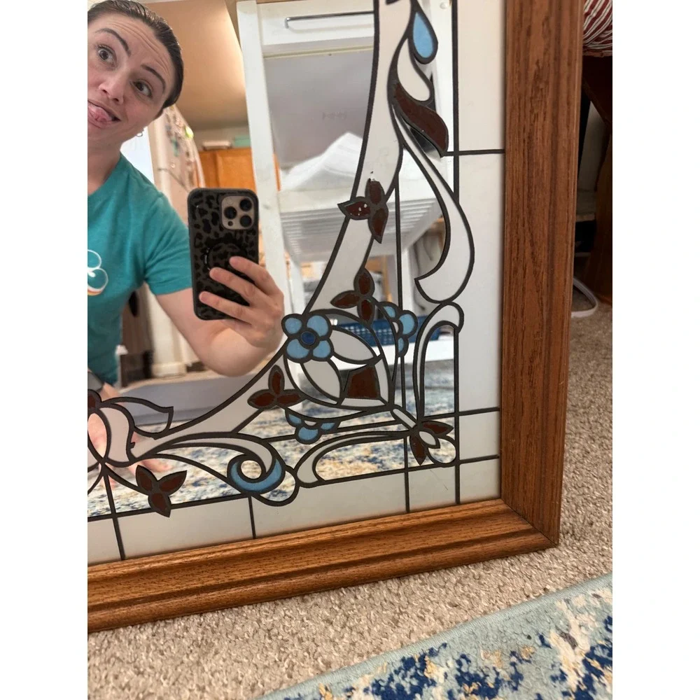 Vintage Faux Stained Glass Floral Wall Mirror Wood Frame Blue Brown 31.5x25.5